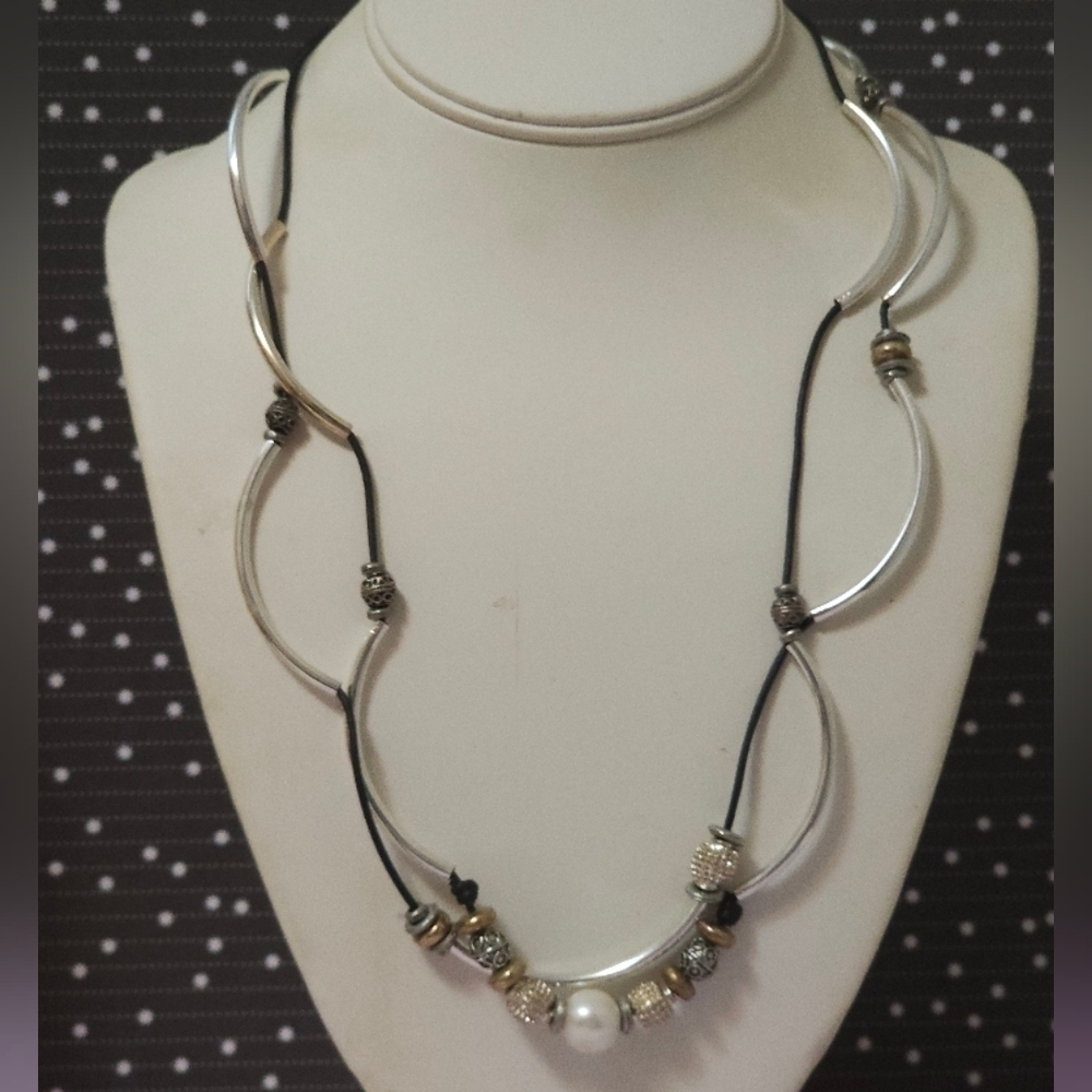 Silver Tone Black Cord Tube Bead Necklace